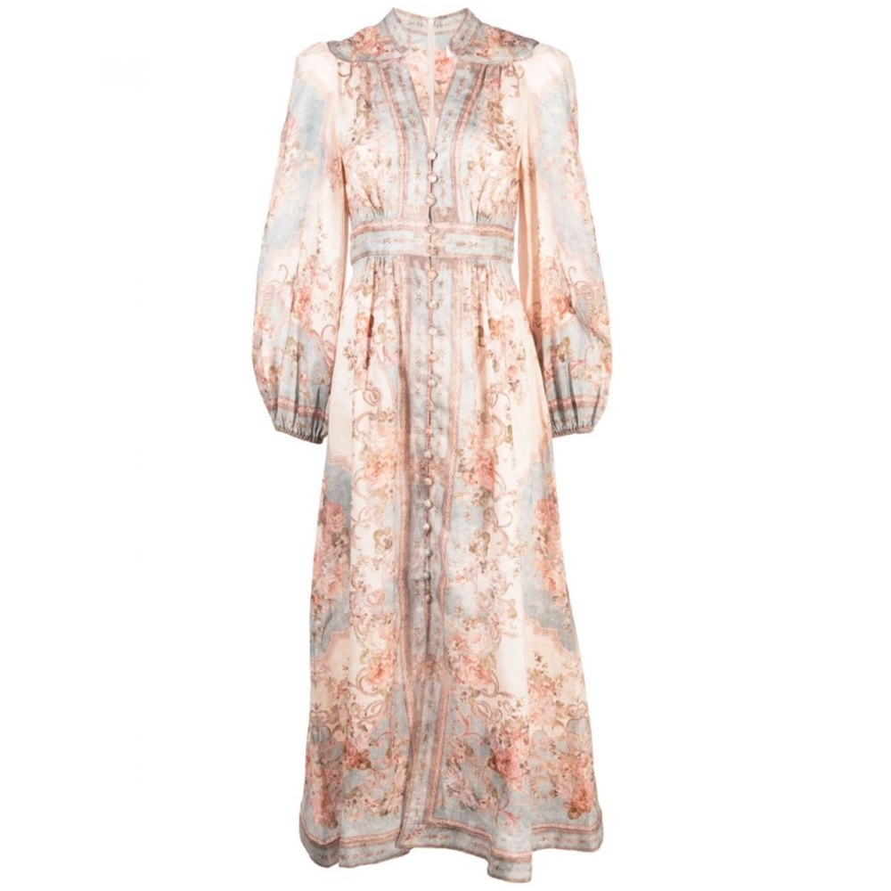 Zimmerman August Plunge Neck Midi Dress Sz 2 Long sleeve Sky Blue Floral